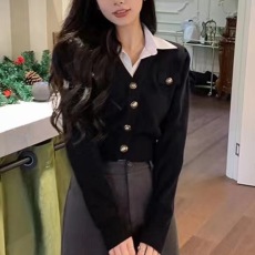 批发假两件POLO领针织开衫<b class='q'>外套</b>女装春季泡泡袖短款长袖小众设计感上衣