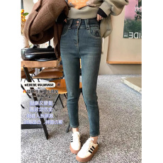 批发高腰复合加绒直筒牛仔裤女冬季新款韩版弹力显瘦烟管九分<b class='q'>小脚</b>裤潮