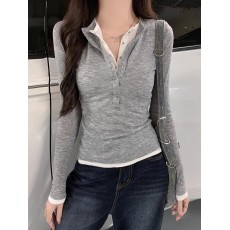 批发玖玖 美式假两件亨利领长袖t恤女新款秋打底衫修身辣妹上衣