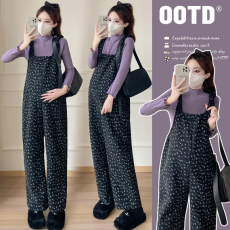 批发实拍2024原创秋冬新品孕妇针织打底+<b class='q'>碎花</b>背带裤孕妇两件套装