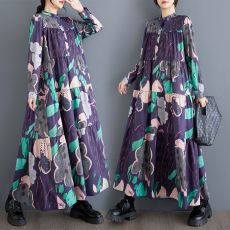 批发实拍2025<b class='q'>韩版</b>春秋新款大码宽松显瘦时尚<b class='q'>长袖</b>印花中长款连衣裙