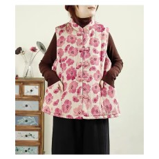 批发非实拍#文艺复古夹棉<b class='q'>背心</b>25冬新立领印花盘扣大口袋减龄显瘦马甲