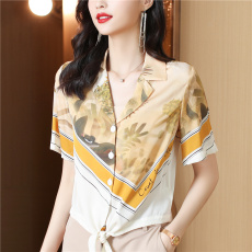 批发重磅真丝<b class='q'>衬衫</b>女士2025年夏季短袖<b class='q'>碎花</b>设计感小众复古显瘦别致上衣
