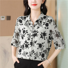 批发真丝缎面衬衫女士夏新款宽松遮肉显瘦高档桑蚕丝印花上衣<b class='q'>中袖</b>小衫