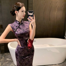 批发实拍 紫色显白新中式丝绒印花烫钻国风旗袍连衣裙