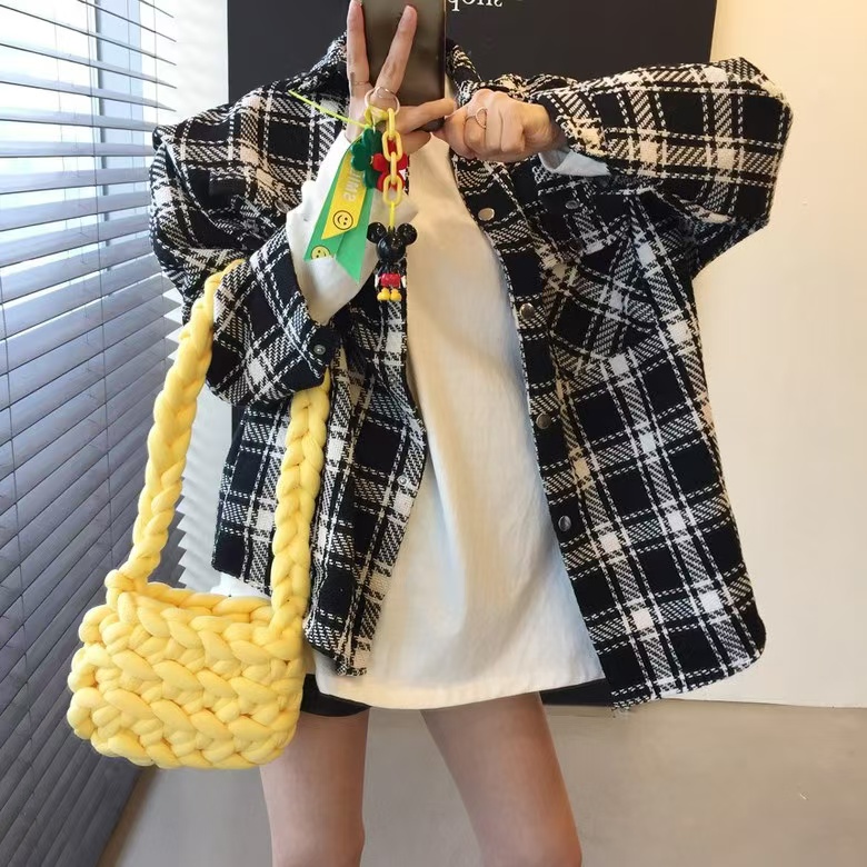 한국 스타일 겨울 레트로 모직 격자 무늬 셔츠 더블 주머니 디자인 센스 긴팔 chic 루즈핏 셔츠 여성 코트