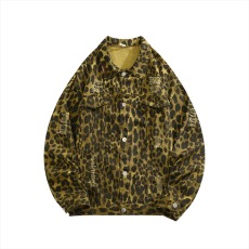 批发欧美豹纹破洞街头牛仔外套小众<b class='q'>嘻哈</b>美式高街休闲夹克男