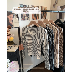 批发韩版减龄条纹德绒280克打底衫女新款修身显瘦别致假两件小上衣ins