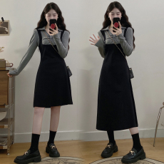 批发实拍大码胖MM早秋长袖新款撞色设计感假两件修身显瘦百搭连衣裙