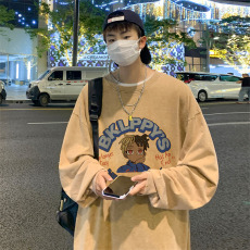 批发美式复古水洗做旧长袖T恤男秋季潮牌高街<b class='q'>嘻哈</b>纯棉重磅大码打底衫