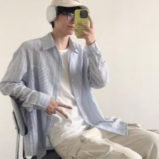 批发条纹长袖防晒衬衫男女薄款透气美式复古宽松休闲慵懒<b class='q'>风</b>衬衣外套潮