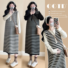 批发实拍~2024秋<b class='q'>冬</b>新品韩版时尚条纹显瘦马甲裙+打底上衣套装裙