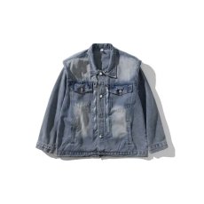 批发春秋小众水洗蓝色夹克男女宽松设计感重工做旧垫肩牛仔外套chic潮