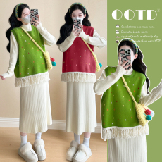 批发实拍~2024秋<b class='q'>冬</b>新品韩版时尚流苏减龄显瘦马甲+软糯打底裙套装