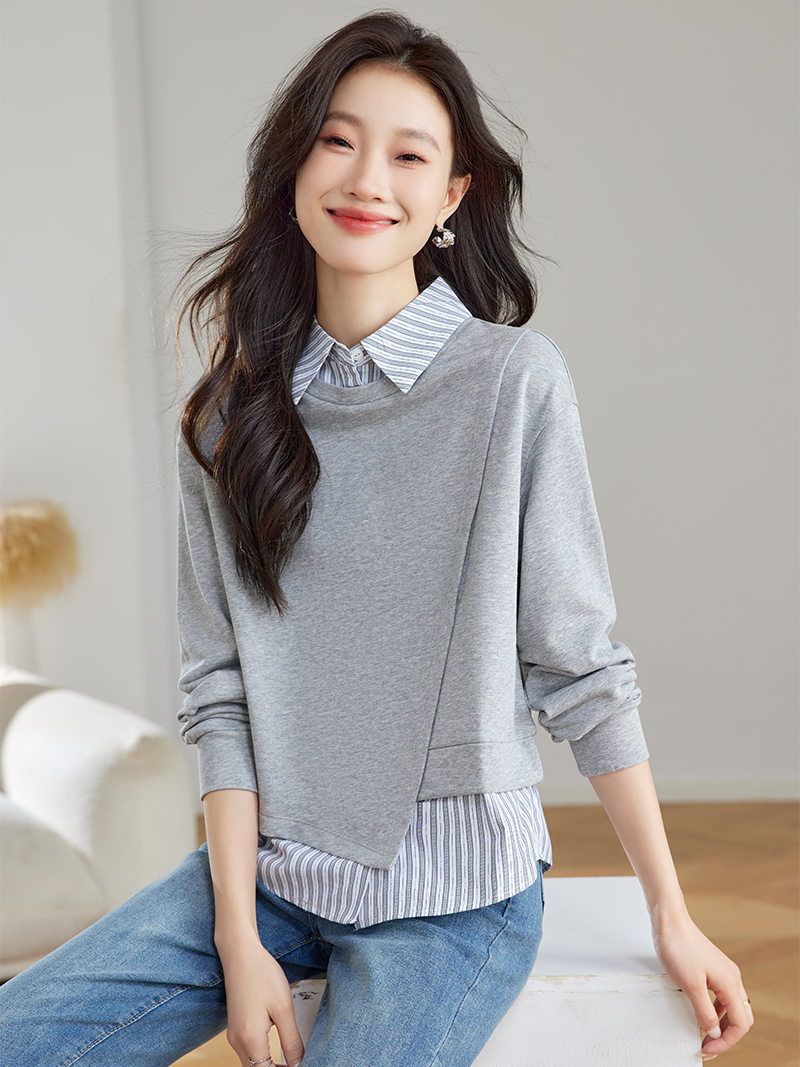 실사 패션 스트라이프 패치워크 페이크 레이어드 후드티 여성 2026 봄 새로운 다용도 캐주얼 Chic 폴로 칼라 맨위