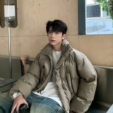 批发高质量PU皮 冬季韩版纯色棉袄男复古宽松立领棉服保暖面包服外套