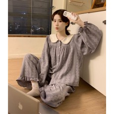 批发实拍实价韩版甜美娃娃领休闲软棉双纱简约国风印花秋季长袖<b class='q'>家居服</b>