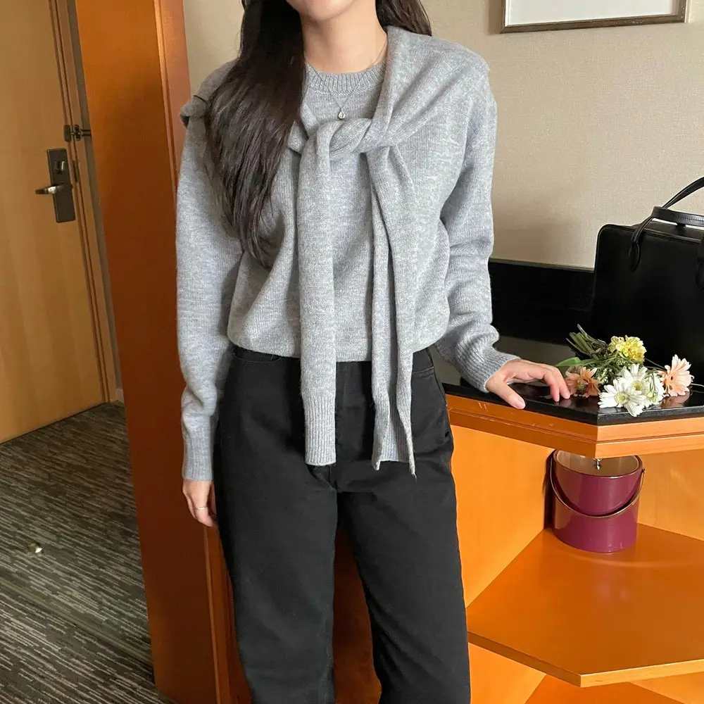 한국 스타일 빈티지 심플 원피스 니트 세트 상세 이미지 6