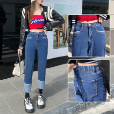 批发实拍<b class='q'>高腰</b>显瘦松紧腰裤脚拼接弹力烟管裤女2025秋季新款九分牛仔裤