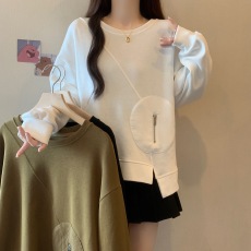 批发大码女装遮肚子设计感拉链长袖卫衣女春秋胖MM宽松显瘦不规则上衣