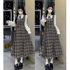 批发实拍 大码胖mm秋<b class='q'>冬</b>格子拼接蕾丝假两件高腰显瘦气质连衣裙长裙