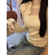 批发绑带长袖针织衫女秋冬季纯欲修身短款内搭打底衫上衣