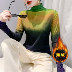 批发加绒新款高领长袖<b class='q'>网纱</b>定位花渐变t恤女时尚修身<b class='q'>打底衫</b>潮