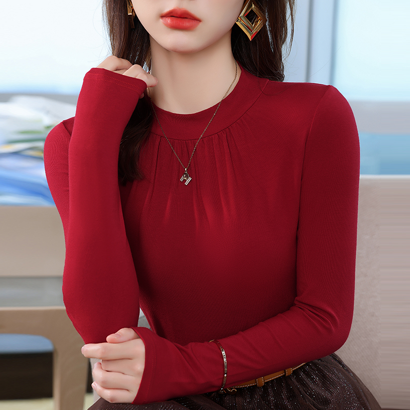PF28420#百搭修身显瘦弹力打底衫女大码圆领长袖外穿内搭柔软T恤女裝貨源服裝批發