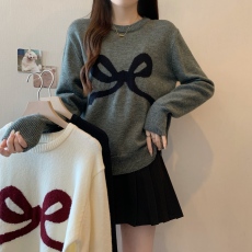 批发实拍大码 蝴蝶结针织衫上衣女秋冬新款圆领韩版小个子套头毛衣潮