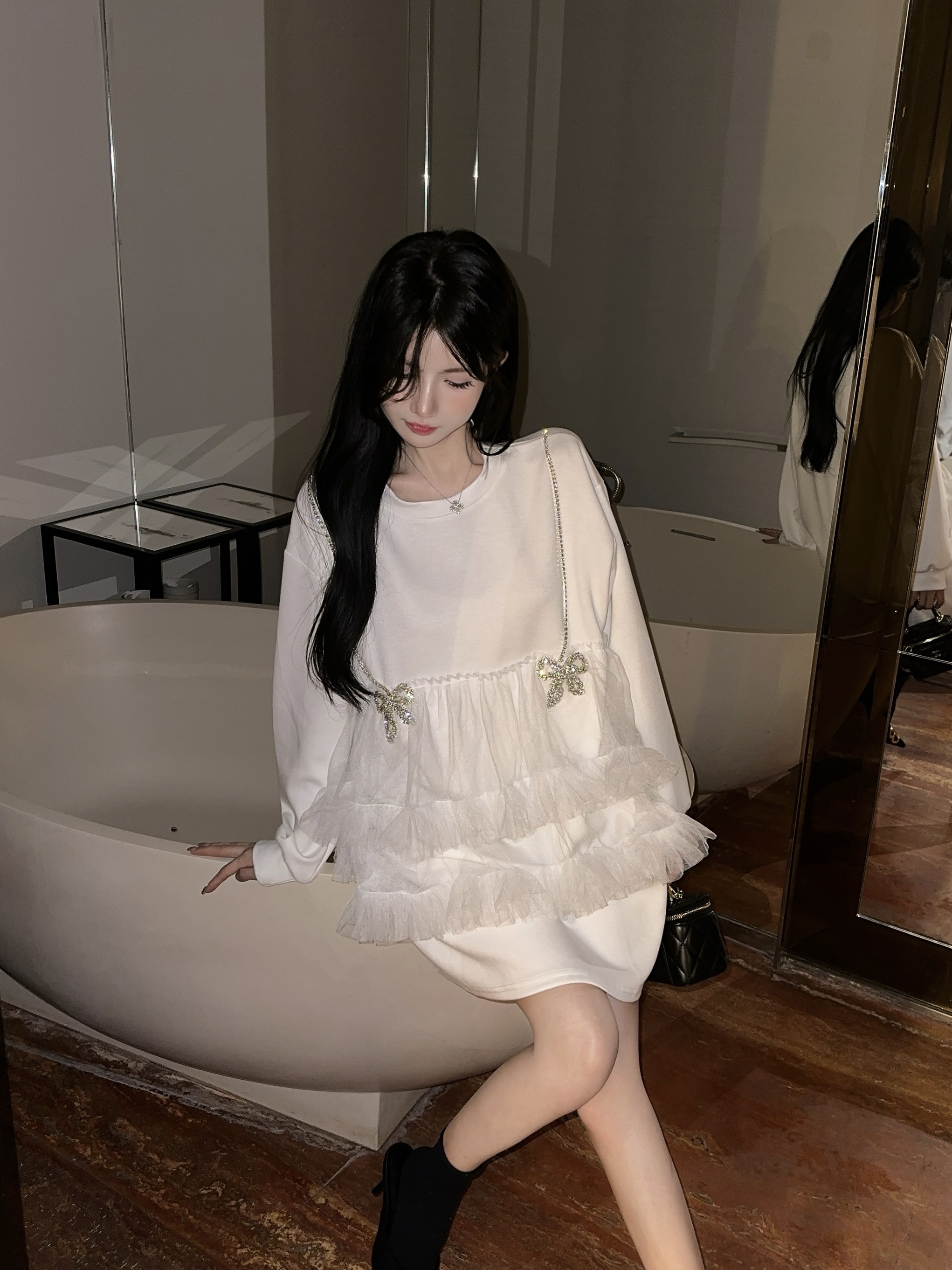 PF25849# 实拍重工设计感网纱拼接百搭女年秋季新款长袖宽松版显瘦连衣裙