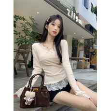 批发实拍实价~法式设计感蕾丝拼接蝴蝶结<b class='q'>V领</b>辣妹长袖修身显瘦打底<b class='q'>T</b><b class='q'>恤</b>