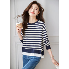 批发原版纯棉好质量    卫衣女秋季时尚休闲条纹圆领长袖假两件上衣女