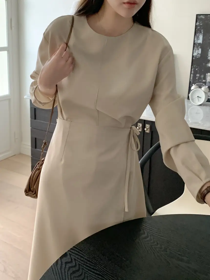 프렌치 스타일 라운드넥 리본 탈부착 원피스 상세 이미지 7