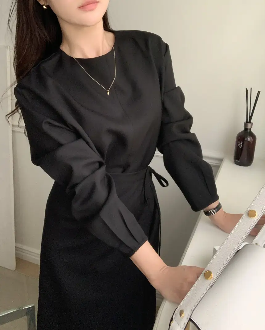 프렌치 스타일 라운드넥 리본 탈부착 원피스 상세 이미지 10