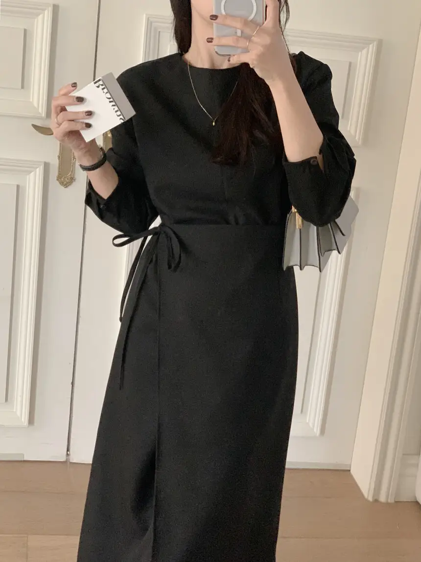 프렌치 스타일 라운드넥 리본 탈부착 원피스 상세 이미지 16