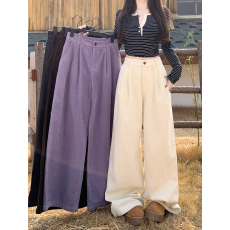 批发实拍 慵懒感休闲裤女秋季高腰复古纯色灯芯绒阔腿裤垂感拖地裤裤