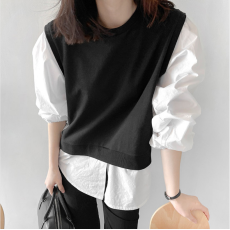 批发春装新款大码宽松上衣休闲拼接<b class='q'>长袖</b><b class='q'>卫衣</b>简约<b class='q'>长袖</b>休闲假两件衬衫