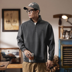 批发高端刺绣拉链立领美式卫衣男