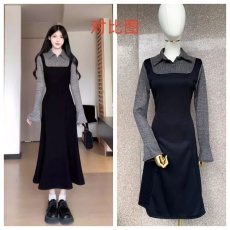 批发原相机实拍<b class='q'>复古</b>长袖裙子纯欲风针织设计感显瘦收腰包臂连衣裙