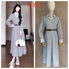 批发原相机实拍格纹假两件长裙气质高级衬衫领设计休闲A字<b class='q'>连衣裙</b>