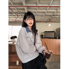 批发玖玖 格子POLO领拼接长袖卫衣女2025秋季新款韩系假两件休闲上衣