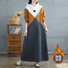 批发实拍~ 2025<b class='q'>秋</b>冬新款大码加绒保暖长款卫衣连帽拼色连衣裙女