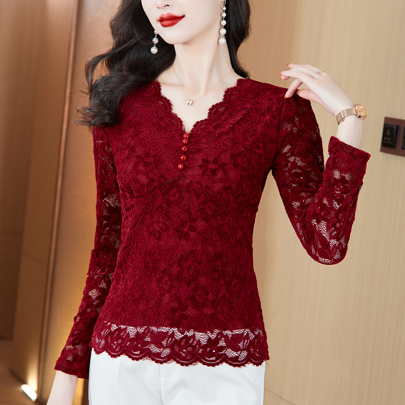 MY16490# 蕾丝打底衫女内搭外穿领长袖宽松时尚洋气法式镂空上衣女裝貨...