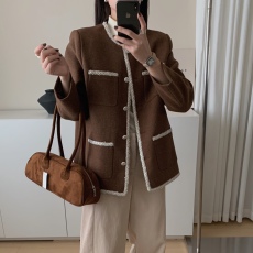 批发实拍 粗纺编制装饰 多口袋 小香风 毛呢外套 夹棉加厚  呢子外套