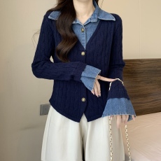 批发韩式牛仔拼接翻领设计感长袖针织上衣<b class='q'>大码</b>女秋冬2026新款假两件套