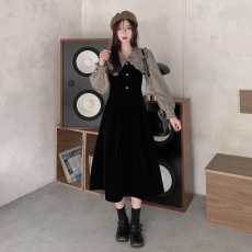 批发已出货 荷叶领格子拼接设计感连衣裙高腰显瘦大码裙子