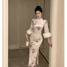 批发时尚修身大袖子毛毛袖复古丝绒旗袍连衣裙