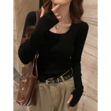 批发方领打底衫女2025春秋新款上衣高级感灰色毛衣修身针织衫内搭秋冬