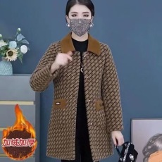 批发中年妈妈秋冬装中长款时尚洋气外套新款<b class='q'>中老年</b>女士外穿格子方领