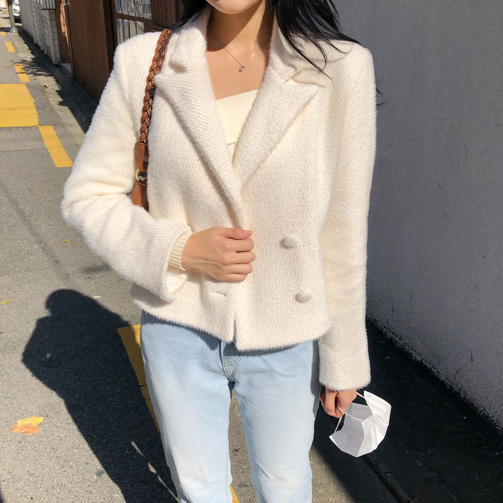 chic 한국 겨울 프랑스식 미니멀리즘 레트로 이중 버튼 쇼트 스타일 다용도 울 리 재킷 블레이저
